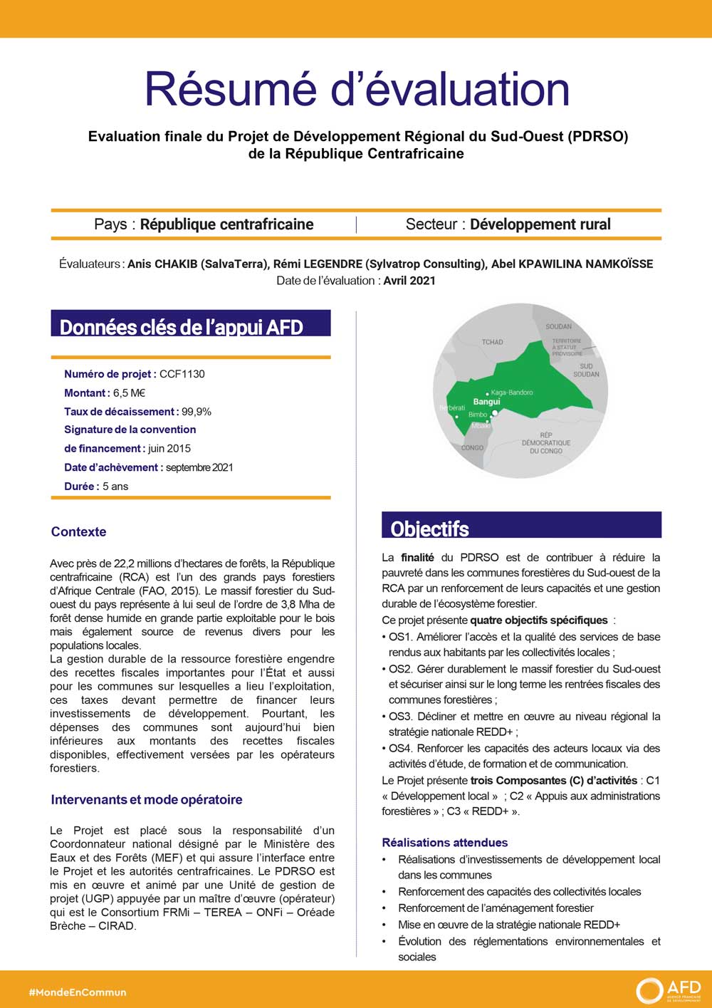 Résumé d'évaluation- Projet de développement régional du Sud-Ouest (PDRSO), RCA CCF1130