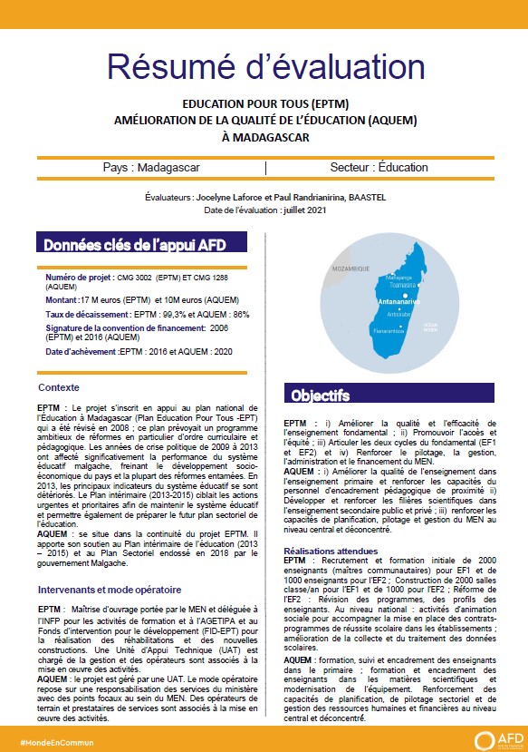 Evaluation rétrospective des projets Education pour tous (EPTM) et Amélioration de la qualité de l’éducation (AQUEM), Madagascar