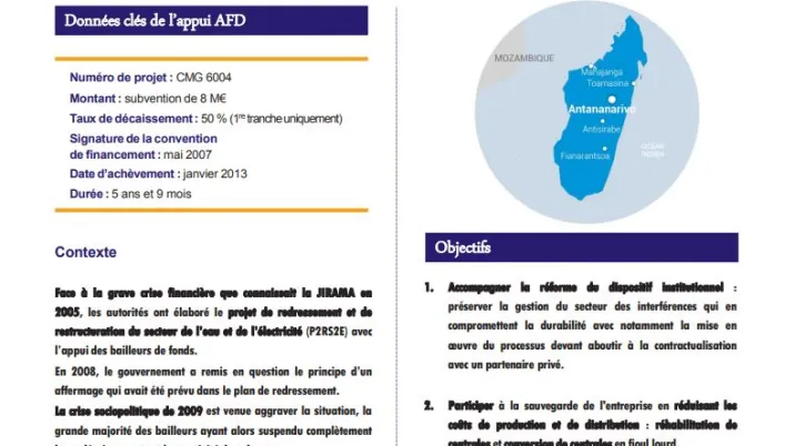 Résumé d'évaluation - Appui au redressement de la JIRAMA (opérateur électrique de Madagascar)