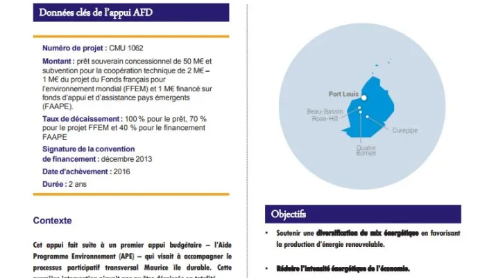Résumé d'évaluation - Appui budgétaire pour la mise en œuvre de la politique énergétique durable à Maurice (APEn)