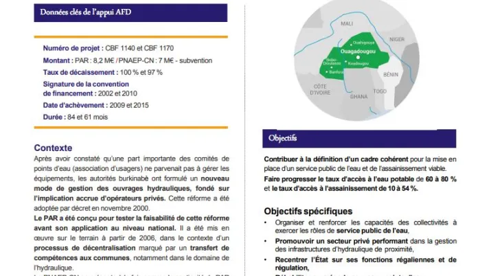Résumé d'évaluation - Programmes d’application de la réforme du système de gestion des infrastructures hydrauliques d’alimentation en eau potable en milieu rural et semi-urbain (PAR) et d’alimentation en eau potable et assainissement dans le Centre Nord