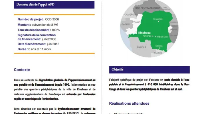 Résumé d'évaluation - Projet d’amélioration de l’accès à l’eau pour les populations des quartiers périphériques de Kinshasa et de trois communes du Bas-Congo (PILAEP1)