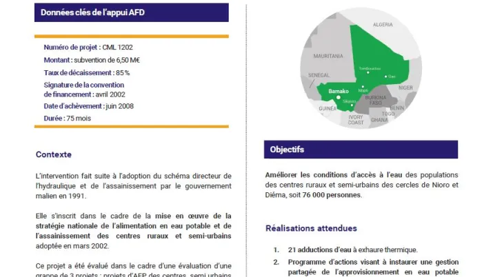 Résumé d'évaluation - Projet d’alimentation en eau potable de vingt et un centres ruraux et semi-urbains des cercles de Nioro et Diéma, Mali