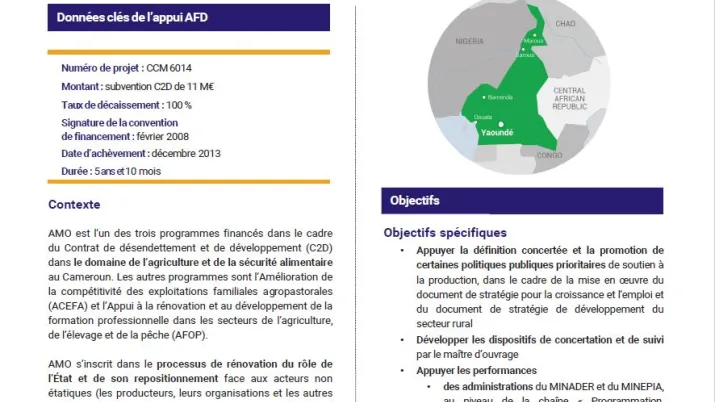 Résumé d'évaluation - Programme d’appui à la maîtrise d’ouvrage des administrations du secteur rural (AMO), C2D, Cameroun