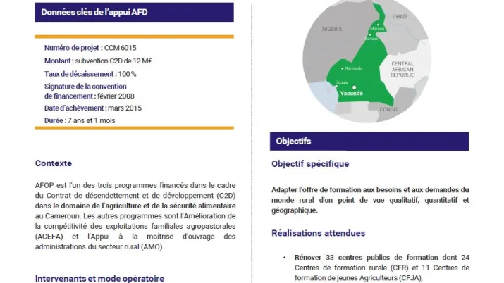 Résumé d'évaluation - Programme d’appui à la rénovation et au développement de la formation professionnelle dans les secteurs de l’agriculture, de l’élevage et de la pêche (AFOP), C2D, Cameroun