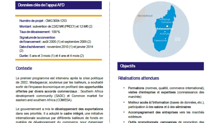 Résumé d'évaluation - Programmes de renforcement des capacités commerciales 1 et 2 (PRCC) pour la promotion des exportations et du tourisme, Madagascar CMG3004-1253