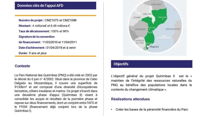 Résumé d'évaluation - Projets de consolidation du parc national des Quirimbas et d'adaptation au changement climatique, Mozambique