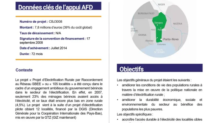 Résumé d'évaluation - Projet « Electrification de 105 localités au Bénin » CBJ3008