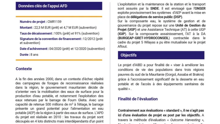Résumé d'évaluation - Projet d’accès à l’eau potable et à l’assainissement d’Aftout El Chargui, Mauritanie CMR1159