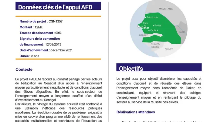 Résumé d'évaluation - Projet d’appui au développement de l’enseignement moyen dans la région de Dakar (ADEM) CSN1357