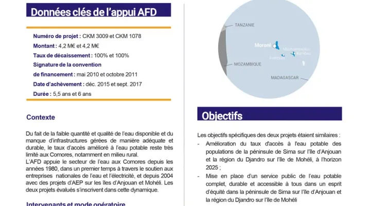 Résumé d'évaluation - Deux projets d’approvisionnement en eau potable (AEP) aux Comores, CKM3009-1078