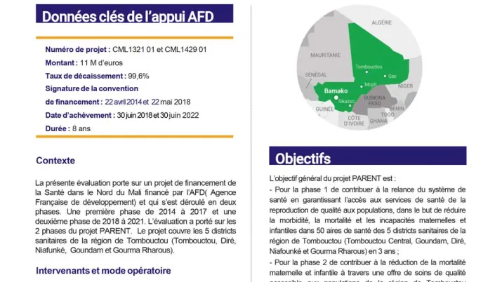 Résumé d'évaluation - Appui à la relance du bien-être de la femme, de l’enfant et du nouveau-né dans le cadre de la reconstruction de la région de Tombouctou (PARENT) - CML1321-1429