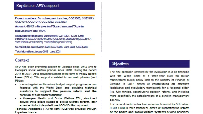 Ex-post evaluation of AFD policy-based loans in the pensions, health and social welfare sectors in Georgia (CGE1008;CGE1016;CGE1022;CGE1023)