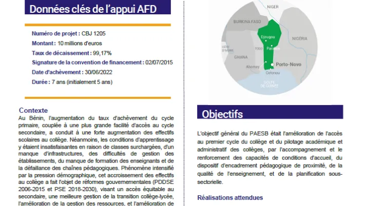 Résumé évaluation - Projet d’Appui à l’Enseignement Secondaire au Bénin (PAESB)