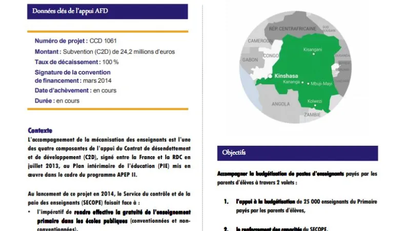 Résumé d'évaluation - Appui à l’enseignement primaire (APEP II) Composante « Mécanisation des enseignants », RDC