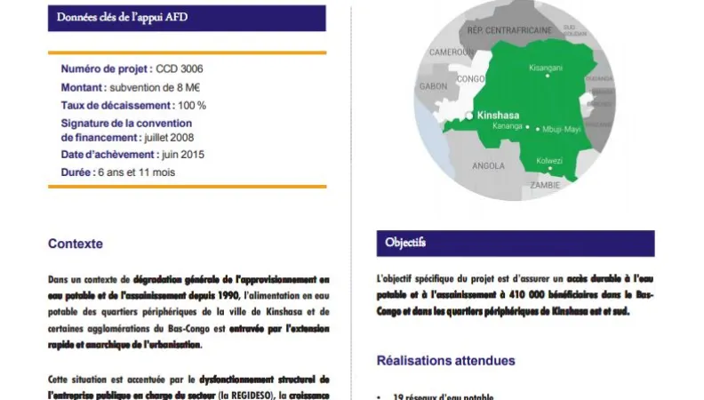 Résumé d'évaluation - Projet d’amélioration de l’accès à l’eau pour les populations des quartiers périphériques de Kinshasa et de trois communes du Bas-Congo (PILAEP1)