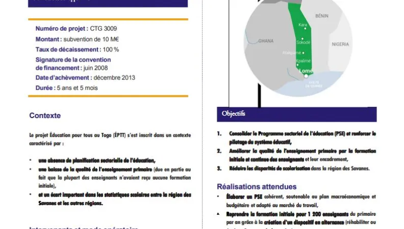 Résumé d'évaluation - Projet Éducation pour tous au Togo (ÉPTT)