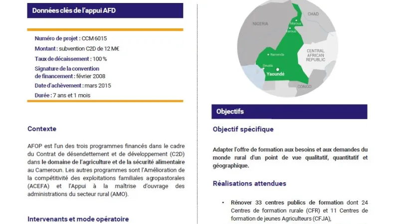 Résumé d'évaluation - Programme d’appui à la rénovation et au développement de la formation professionnelle dans les secteurs de l’agriculture, de l’élevage et de la pêche (AFOP), C2D, Cameroun