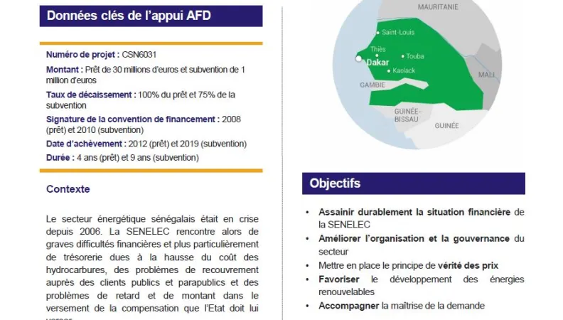 Résumé d'évaluation - Soutien à la restructuration financière et institutionnelle de la SENELEC, Sénégal