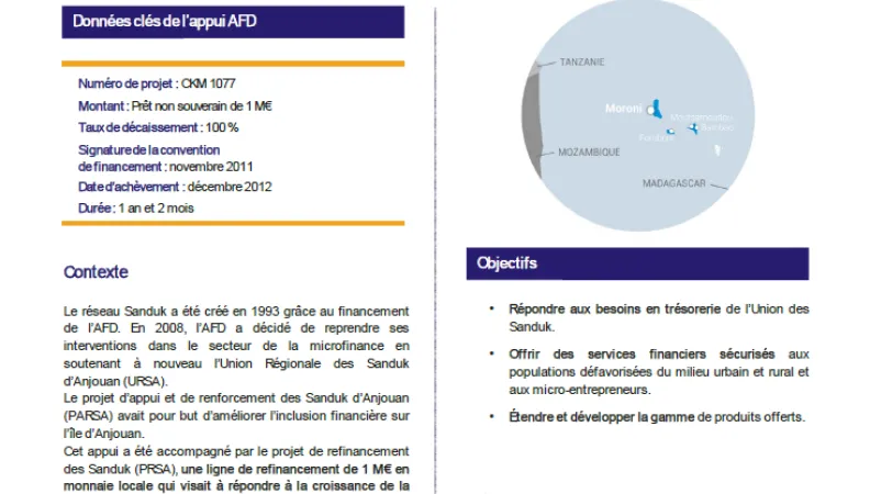 Résumé d’évaluation -Projet de refinancement des Sanduk (PRSA), Comores, CKM1077