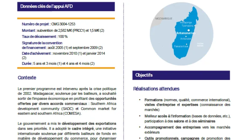 Résumé d'évaluation - Programmes de renforcement des capacités commerciales 1 et 2 (PRCC) pour la promotion des exportations et du tourisme, Madagascar CMG3004-1253