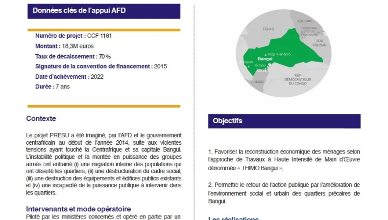 Résumé d'évaluation - Programme de reconstruction économique et sociale en milieu urbain (PRESU), RCA