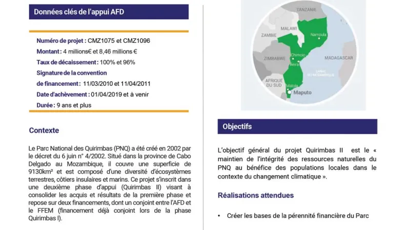 Résumé d'évaluation - Projets de consolidation du parc national des Quirimbas et d'adaptation au changement climatique, Mozambique