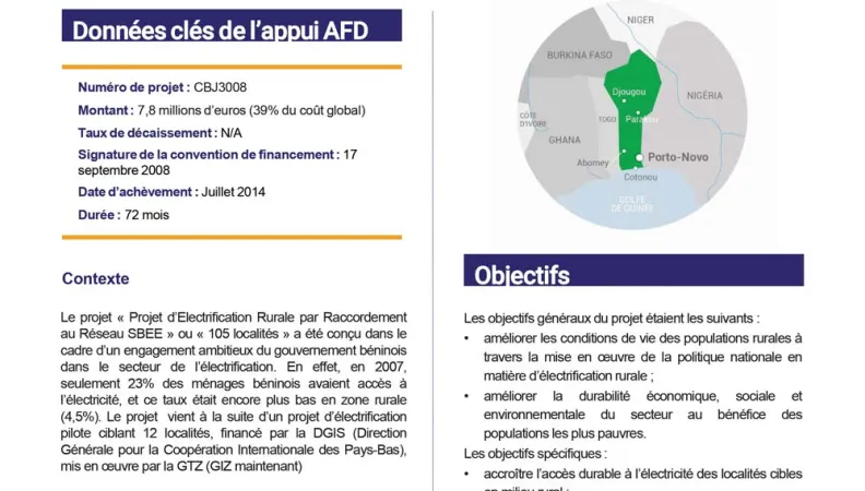 Résumé d'évaluation - Projet « Electrification de 105 localités au Bénin » CBJ3008
