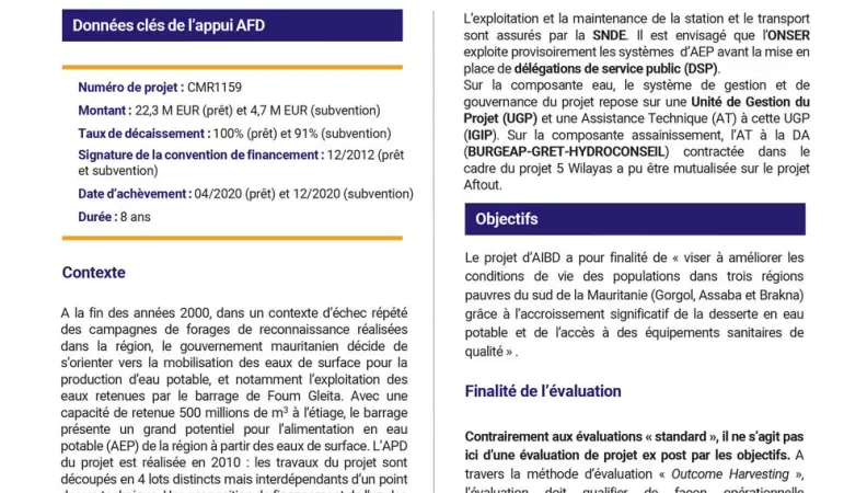 Résumé d'évaluation - Projet d’accès à l’eau potable et à l’assainissement d’Aftout El Chargui, Mauritanie CMR1159
