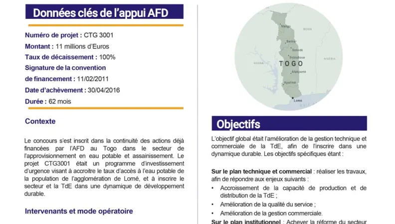 Résumé d'évaluation - Projet d’amélioration de l’alimentation en eau potable de la ville de Lomé (phase 1), Togo CTG3001