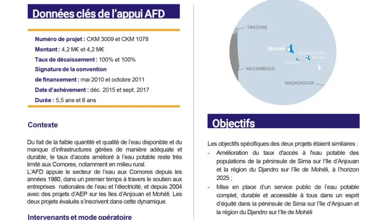 Résumé d'évaluation - Deux projets d’approvisionnement en eau potable (AEP) aux Comores, CKM3009-1078