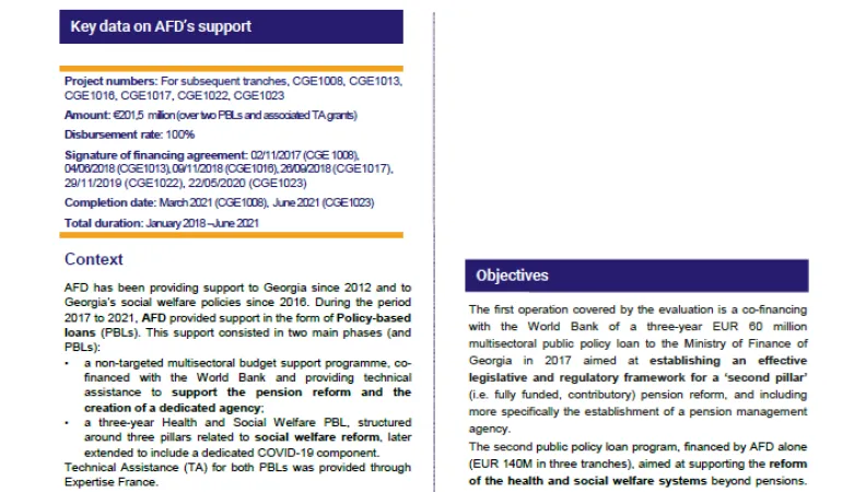 Ex-post evaluation of AFD policy-based loans in the pensions, health and social welfare sectors in Georgia (CGE1008;CGE1016;CGE1022;CGE1023)