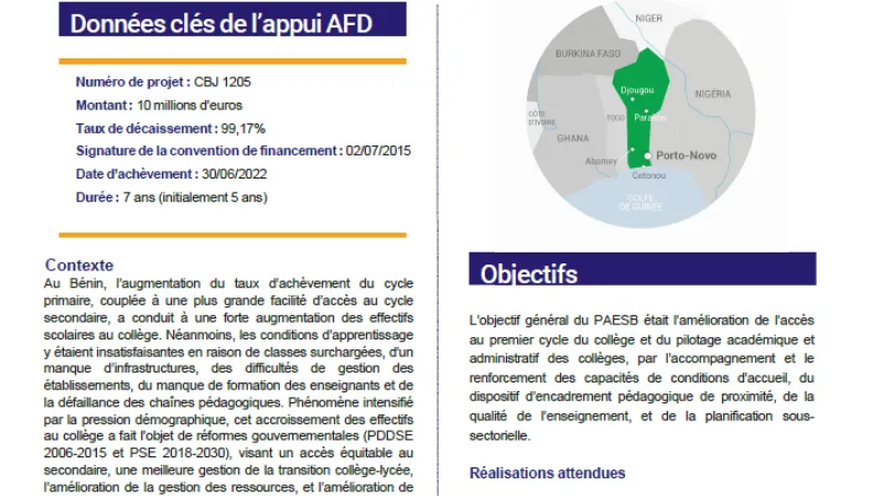 Résumé évaluation - Projet d’Appui à l’Enseignement Secondaire au Bénin (PAESB)